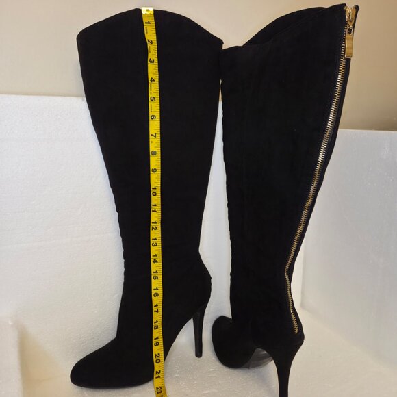 Forever 21 Women’s Black Faux Suede Knee High Stiletto Heel Gold Zip Boots - 9 - Picture 8 of 12